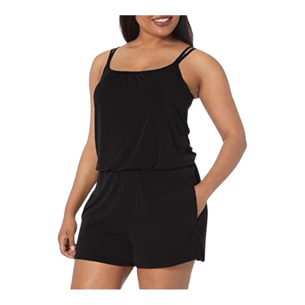 Maxine of Hollywood Black One Piece Swim Romper Modest Full Coverage Pockets 14
